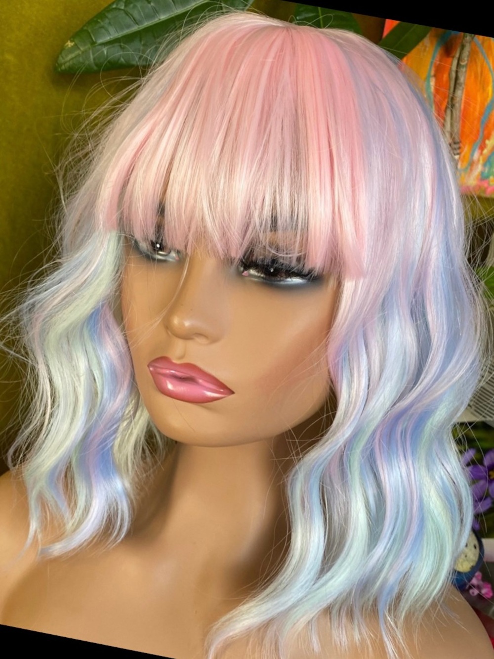 Whimsical pastel rainbow bob wig